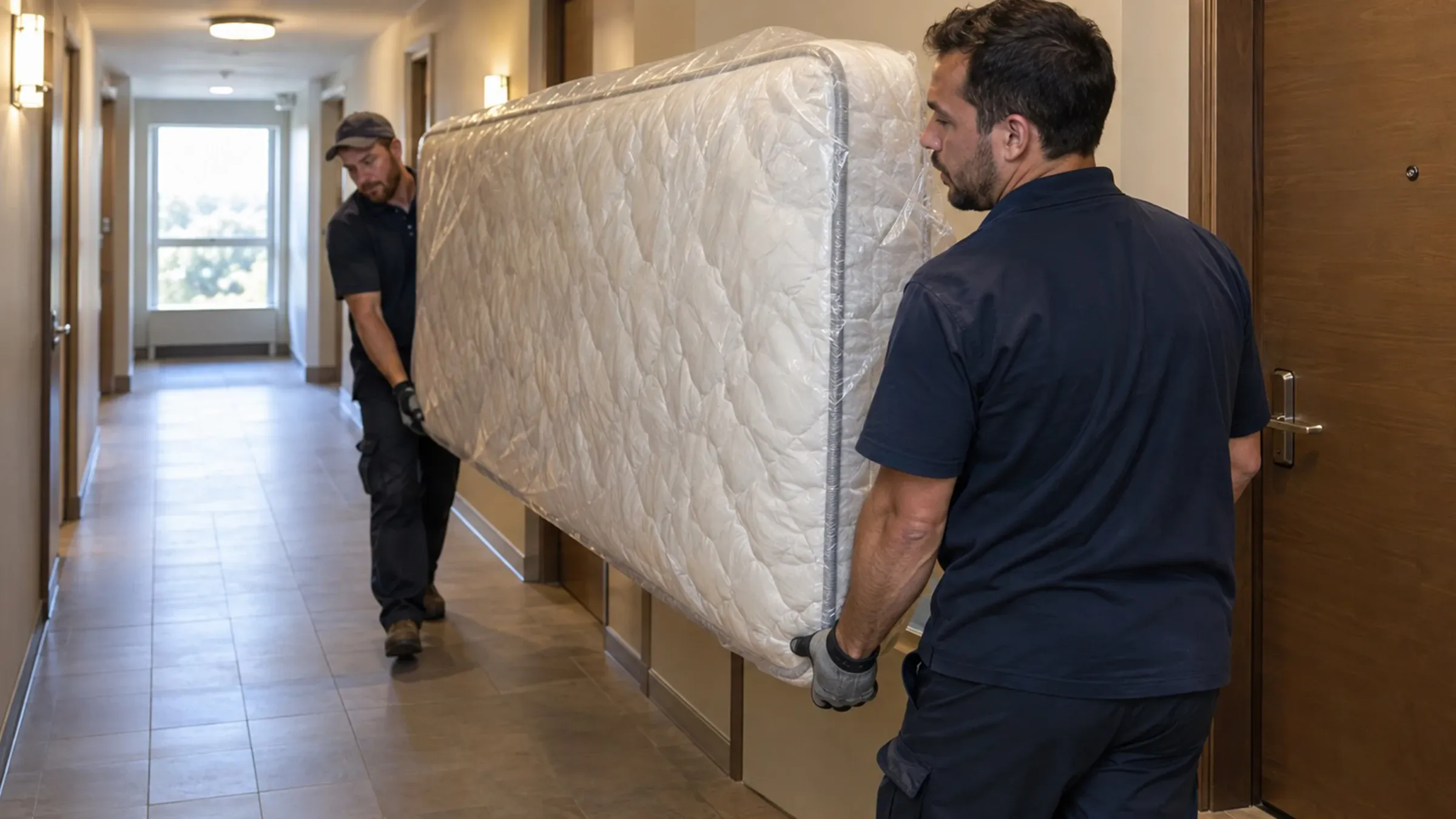 Two workers in navy polos carrying a plastic-wrapped mattress down a carpeted condo corridor.