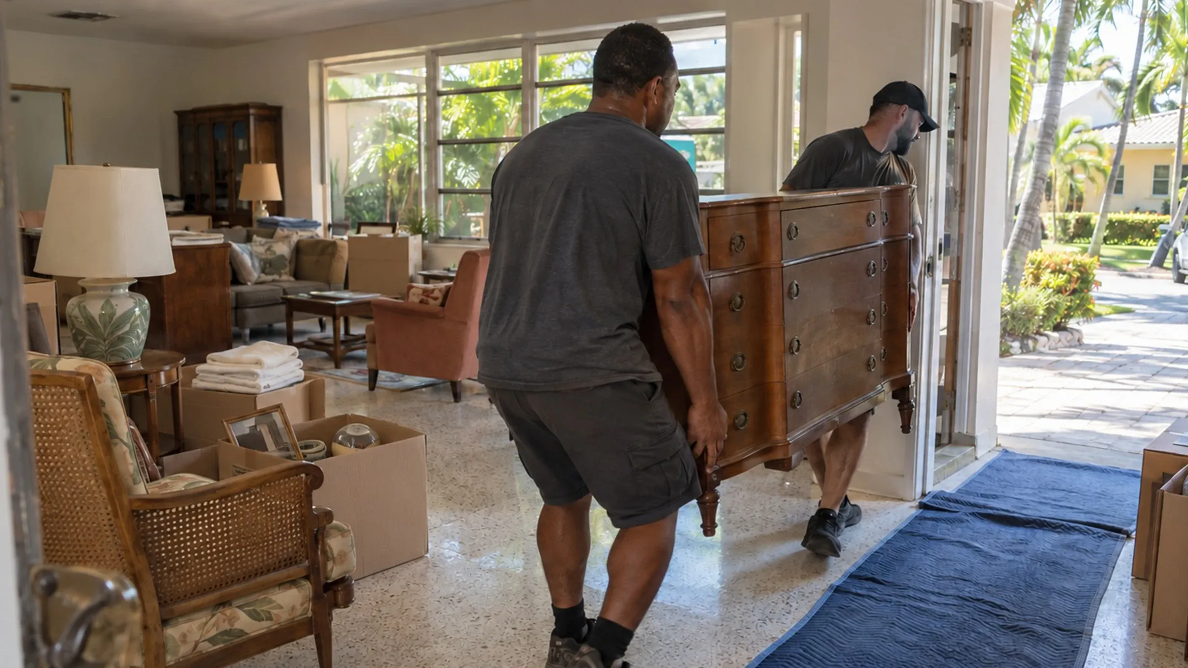 Two movers carrying an antique dresser out through patio doors, across a protective floor runner, during a house cleanout.