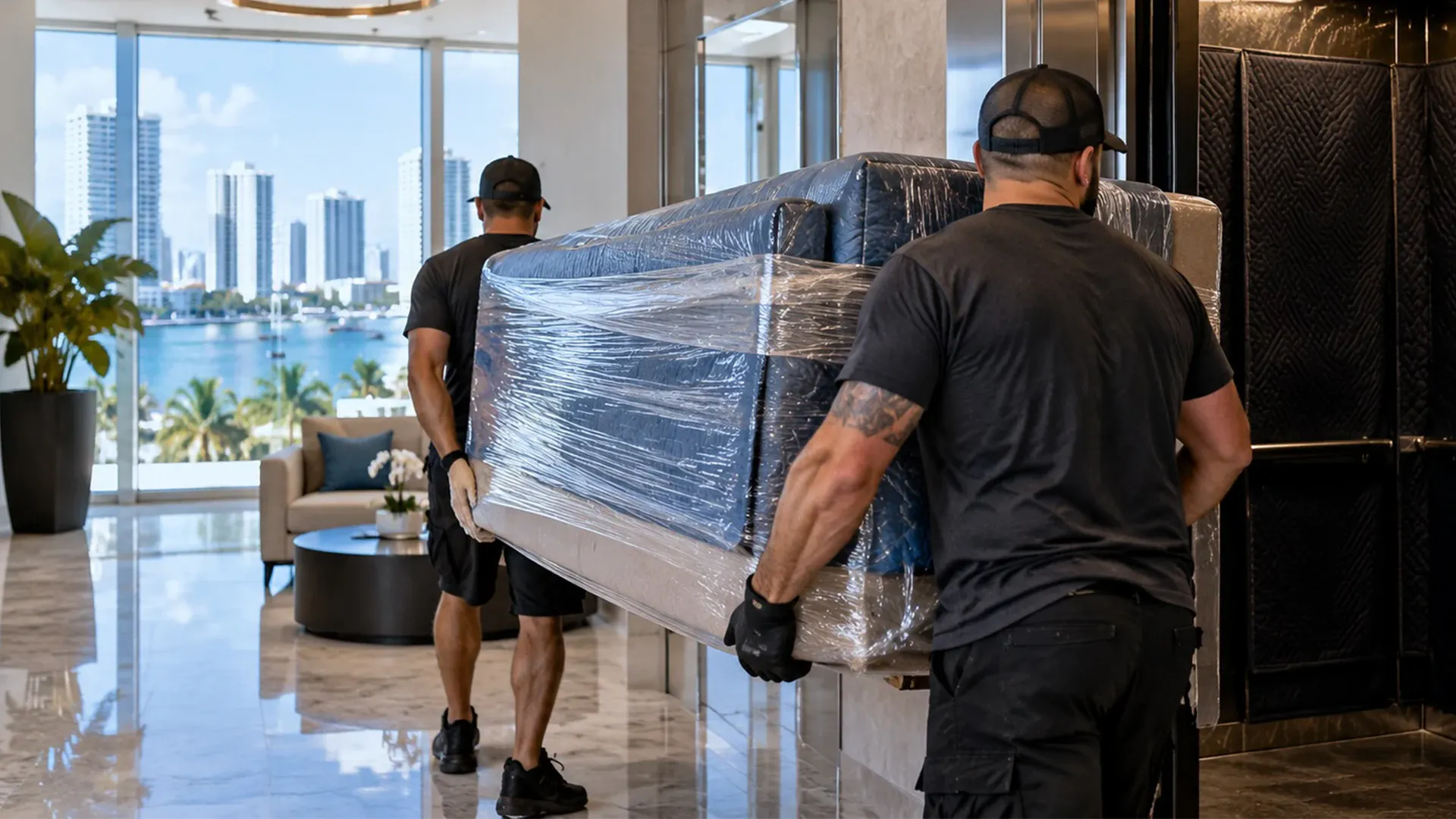 Two movers carrying a shrink-wrapped sofa through a marble high-rise lobby overlooking the water.