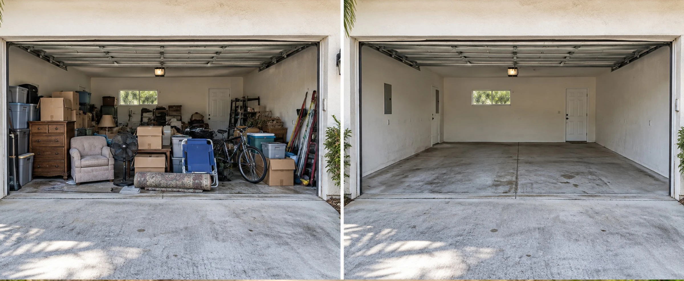 Side-by-side comparison of a two-car garage: packed with stored belongings on the left, swept and empty on the right.