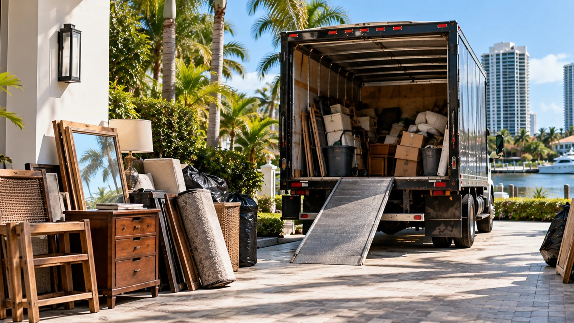 Box truck with its ramp down on a paver driveway, loaded with furniture, mirrors and bagged items beside the Intracoastal.