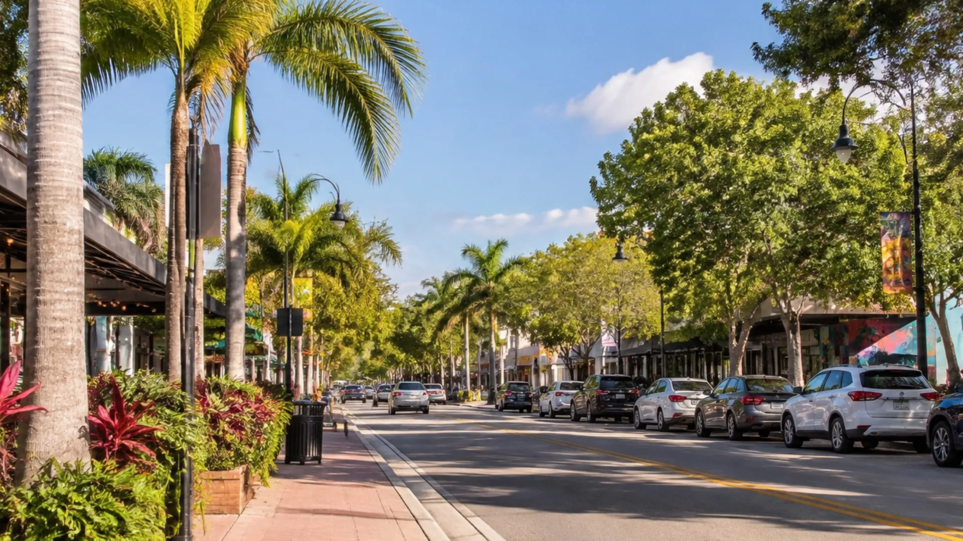 Palm-lined street in Oakland Park, Florida, with local businesses and tropical landscaping