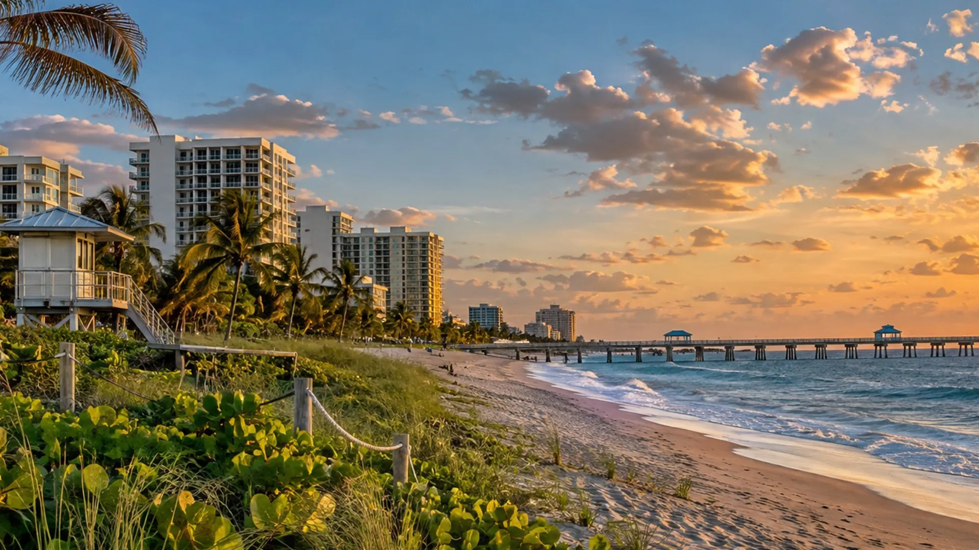 Pompano Beach, Florida coastline with sandy beach, palm trees, oceanfront buildings and Pompano Beach pier at sunrise.