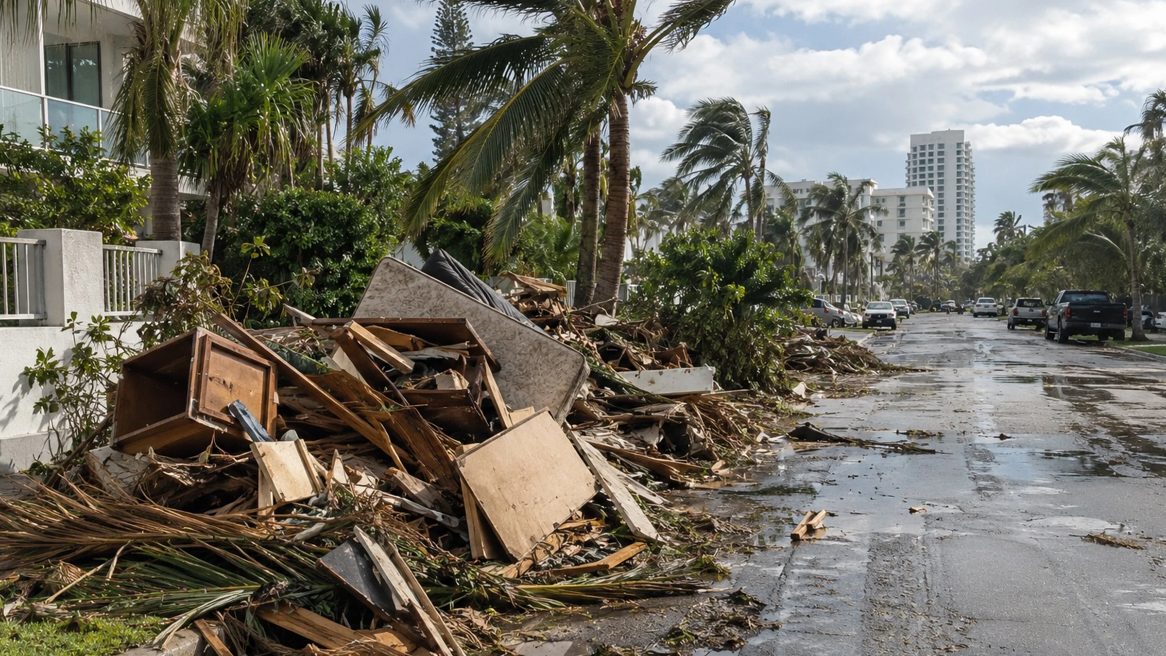 Storm debris piled along a Fort Lauderdale kerb: a soaked mattress, broken lumber, cabinet doors and torn palm fronds.